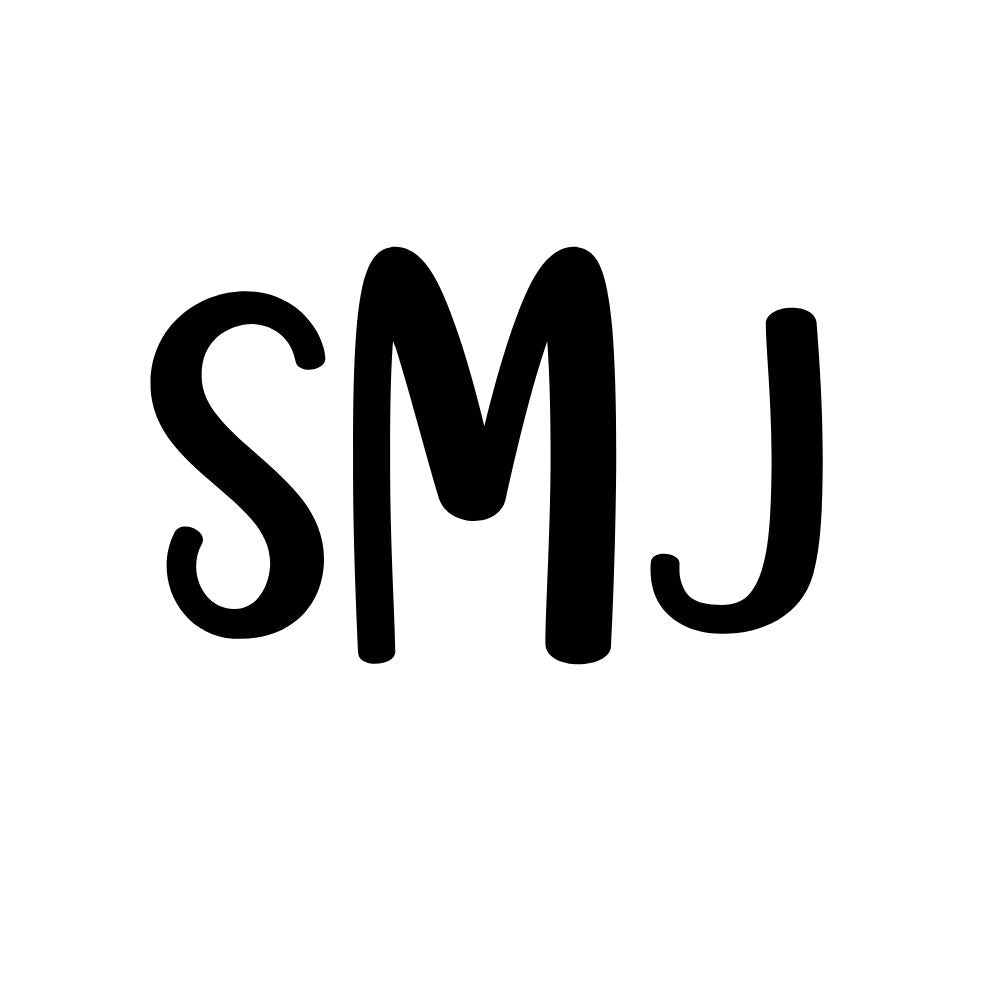 A stylized black text 'SMLJ' representing a custom embroidery
applique monogram.
Custom Embroidery Add on: Applique Monograms - The Creative Raccoon