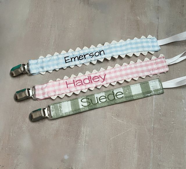 Pacifier clips with names embroidered.
Custom Embroidery Add on: Applique Monograms - The Creative Raccoon