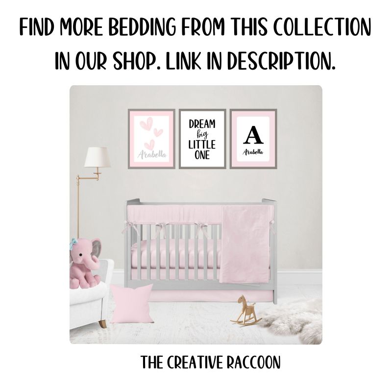 Nursery room with pink crib bedding set and a gray crib, pink elephant, and rocking horse. Wall art in light pink with text 'dream big little one, hearts and child's name, and letter 'A' with child's name.
Light Pink Window Valance, Nursery Room Curtain - The Creative Raccoon