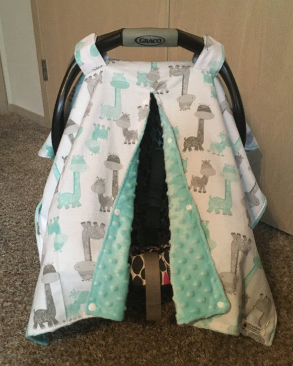 Safari Nursery Theme Car Seat Canopy Aqua and Gray - The Creative Raccoon