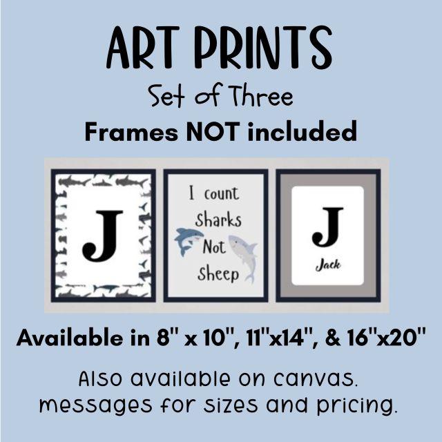 Art prints with text and shark illustrations on a light blue background.
Shark Nursery Starter Crib Bedding Set - The Creative Raccoon