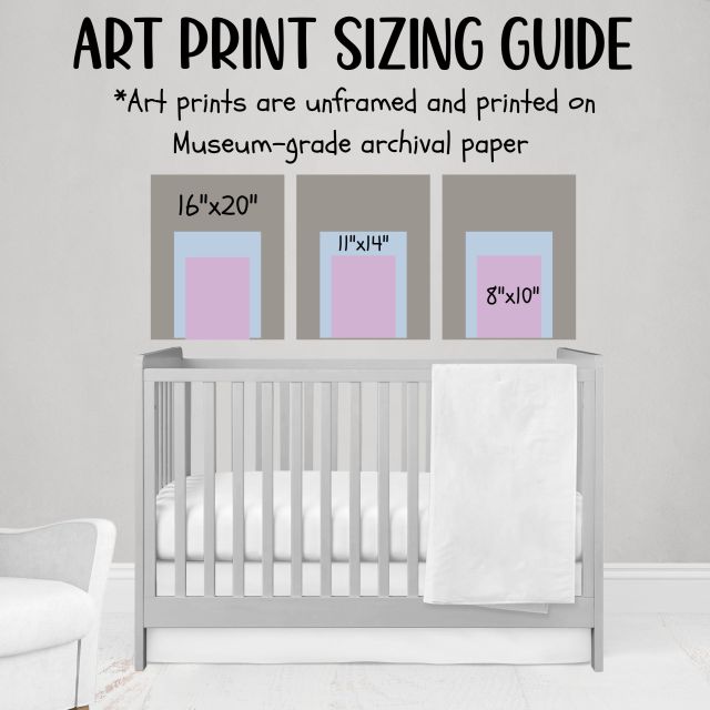 Art print sizing guide showing art prints above a crib in a nursery setting. Shark Nursery Starter Crib Bedding Set - The Creative Raccoon
