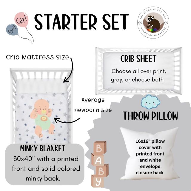 Baby starter set with crib sheet, minky blanket, and accent throw pillow cover on a white background. Shark Nursery Starter Crib Bedding Set - The Creative Raccoon