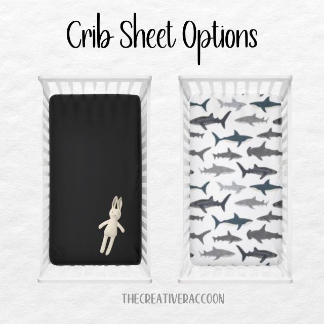 Black crib sheet and shark-patterned crib sheet in a white crib.
Shark Theme Crib Sheets & Changing Pad Cover - The Creative Raccoon