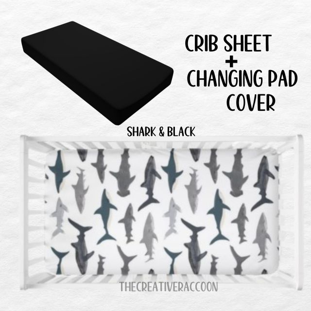 Shark Crib sheet and black changing pad cover on a white background
Shark Theme Crib Sheets & Changing Pad Cover - The Creative Raccoon