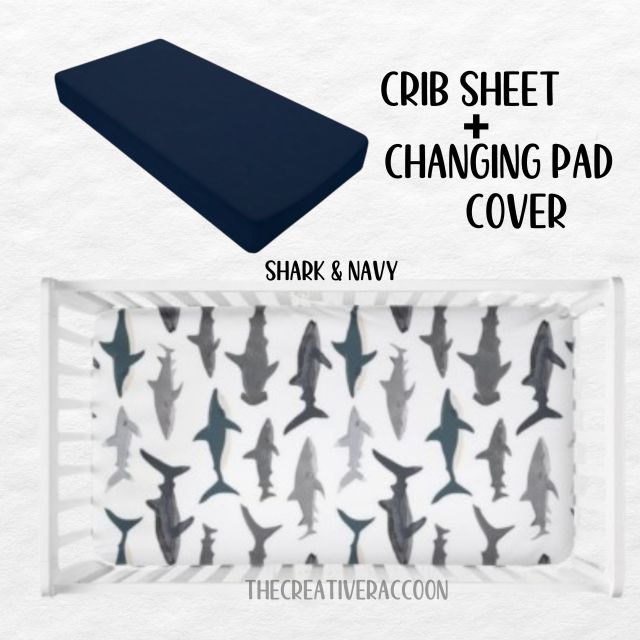 Shark crib sheet and navy changing pad cover on a white background
Shark Theme Crib Sheets & Changing Pad Cover - The Creative Raccoon