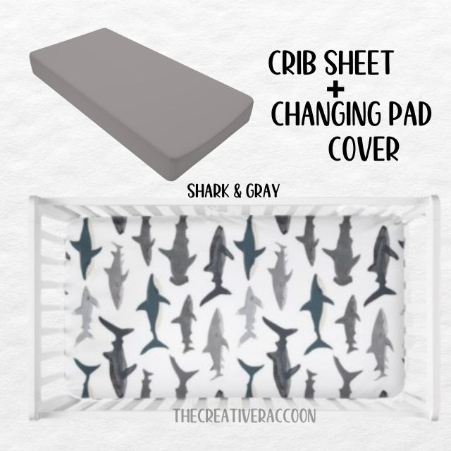 Shark Crib sheet and gray changing pad cover on a white background
Shark Theme Crib Sheets & Changing Pad Cover - The Creative Raccoon
