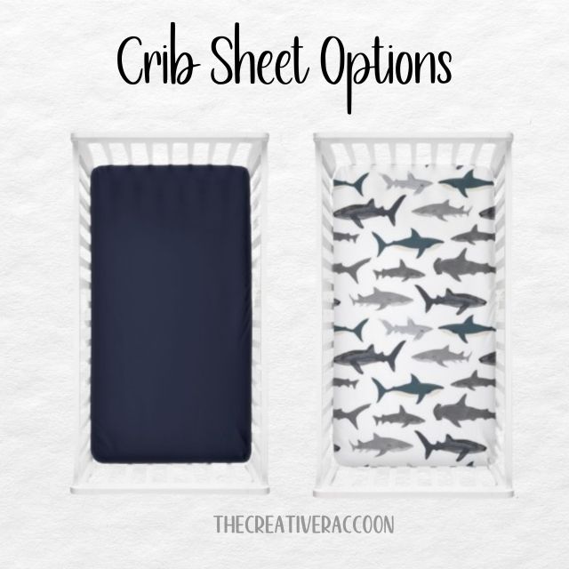 Navy crib sheet and crib sheet with shark pattern on a white background
Shark Theme Crib Sheets & Changing Pad Cover - The Creative Raccoon