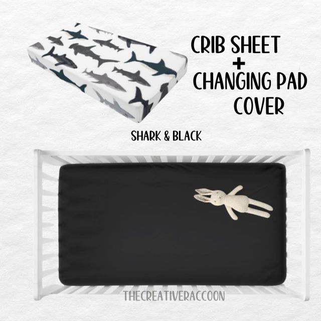 Black Crib sheet and changing pad cover with shark pattern on a white background.
Shark Theme Crib Sheets & Changing Pad Cover - The Creative Raccoon