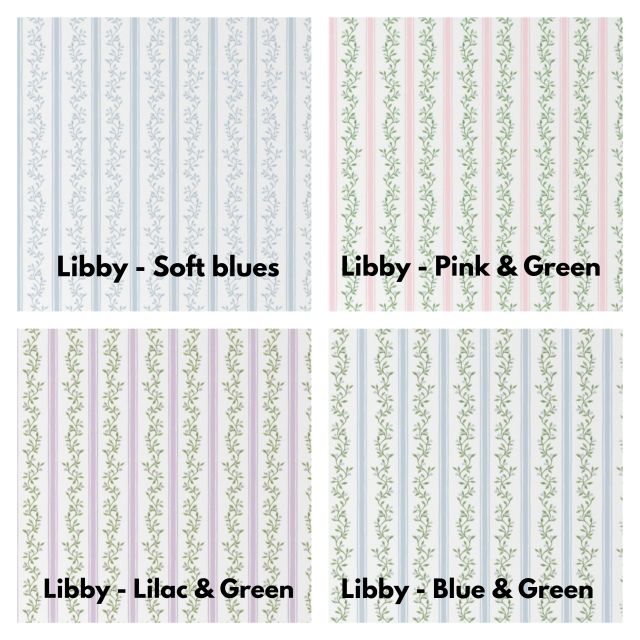 Floral pattern with green leaves and pink flowers on a white background for window valances. Stripes and Vines, Designer Floral - Pick Your Color - The Creative Raccoon