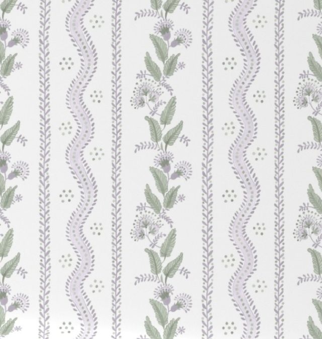 Patterned fabric with green leaves and purple flowers on a white background for window valances. Window Valance Stripes and Vines, Designer Floral - Pick Your Color - The Creative Raccoon