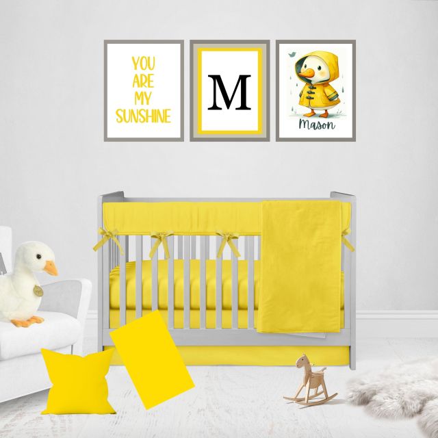 Nursery room with yellow crib bedding, decorative pillows, and wall art.
Yellow Window Valance, Nursery Room Curtain - The Creative Raccoon