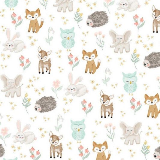 forest animal blanket for girls, shown with rabbit, fox, deer, owl, elephant, hedgehog & flowers