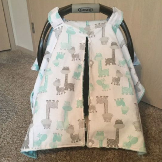 Safari Nursery Theme Car Seat Canopy Aqua and Gray - The Creative Raccoon