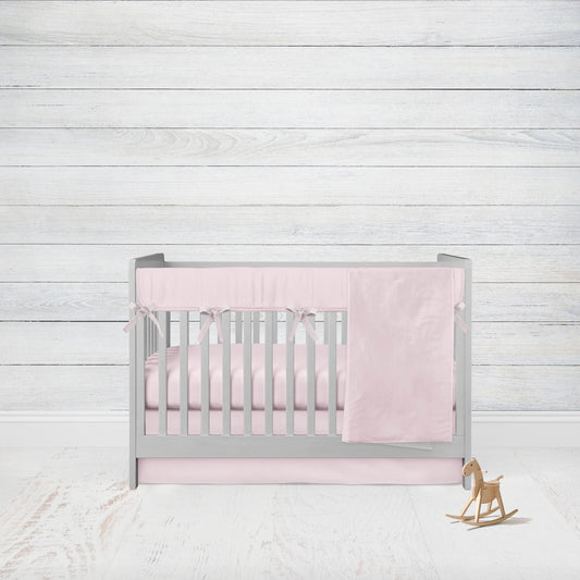 mini crib set - light pink 4-PIECE SET, cotton/minky blanket, rail cover with light pink ties, crib sheet & flat crib skirt