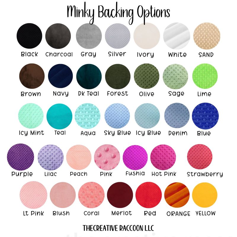 Color swatches for minky backing options with labels from The Creative Raccoon LLC. Minky Backing Options - The Creative Raccoon