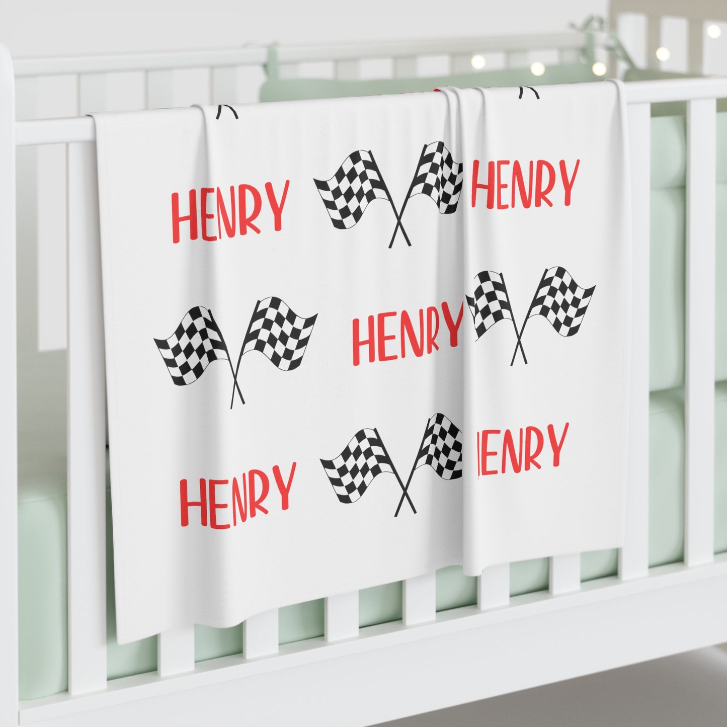 Racing Swaddle Blanket with Name, Checkered Blanket Black and White