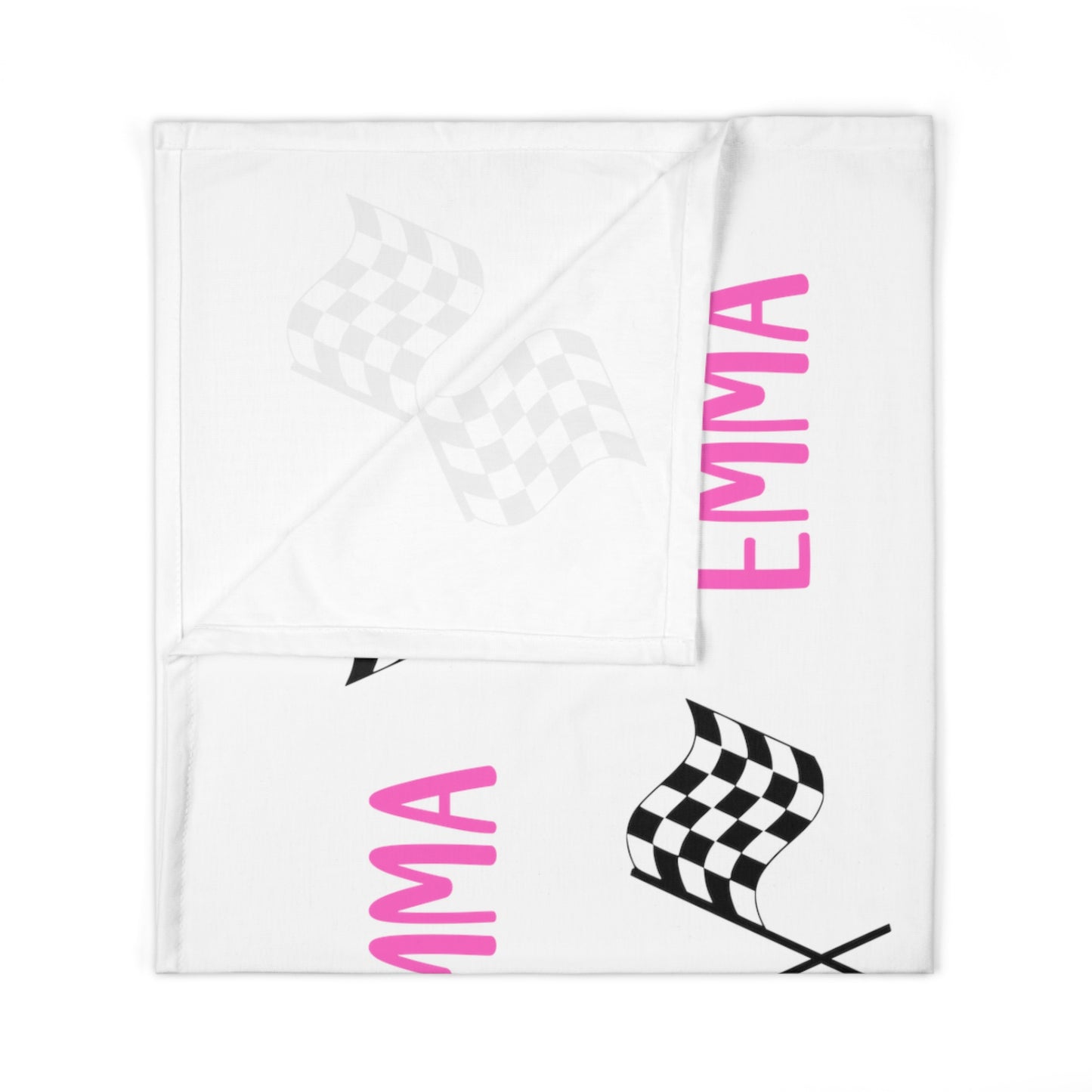 racing chekered flag with name swaddle blanket. Name shown in pink. Printed on one side only