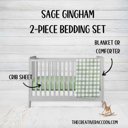 sage gingham check crib bedding set, shown in the 2-piece set - sheet & blanket or comforter