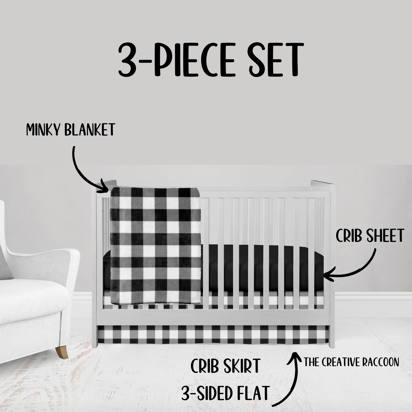 3-PIECE SET - black gingham cotton or minky blanket, black crib sheet & 3-sided flat crib skirt shown on a crib