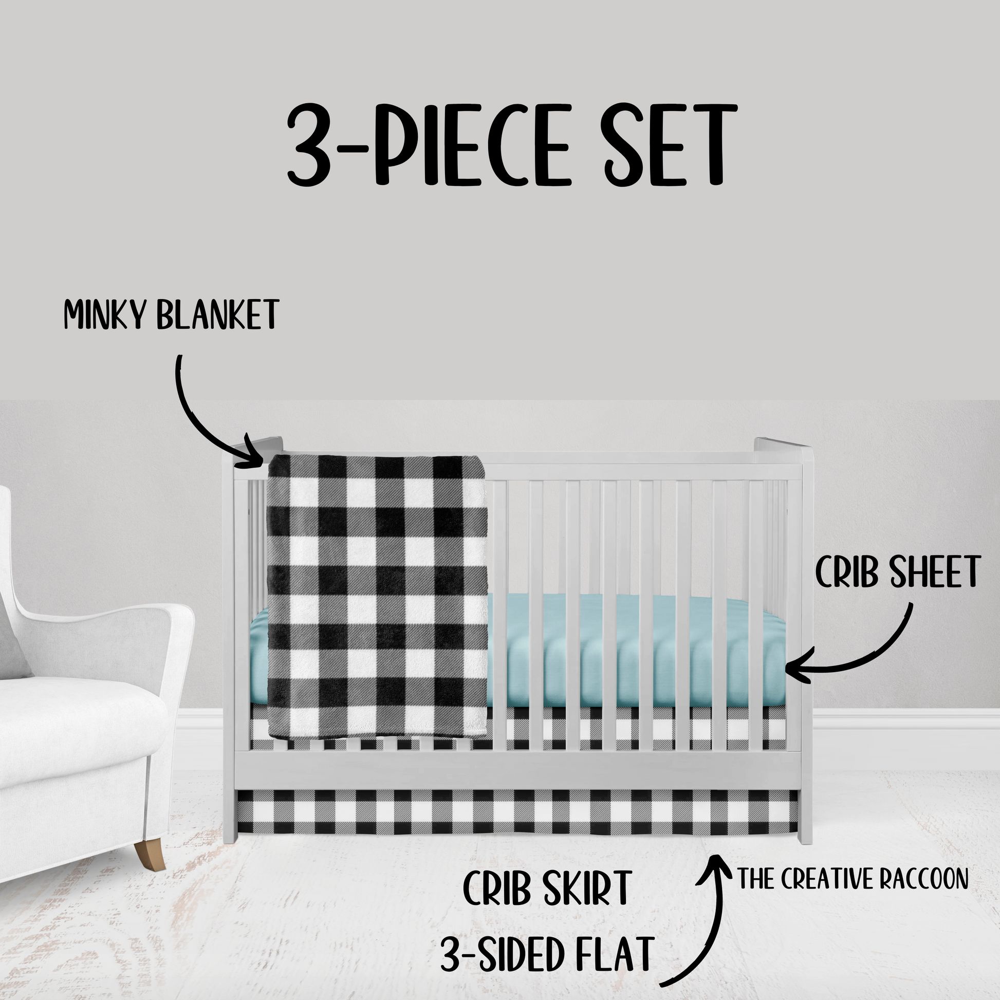 3-piece set - black gingham blanket, crib skirt with aqua sheet .all the gingham check will be the same size squares.