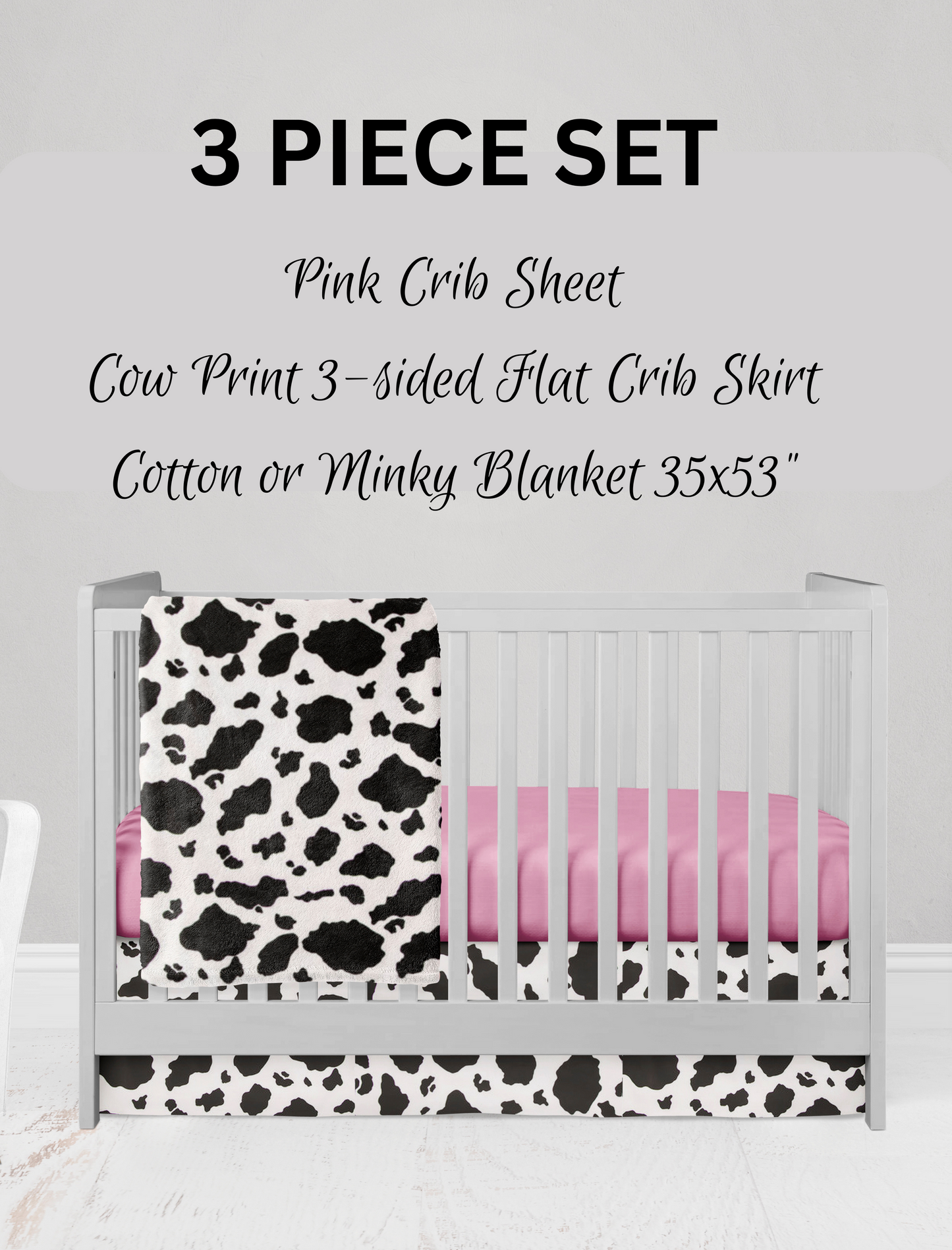 cow blanket, pink crib sheet & cow crib skirt
