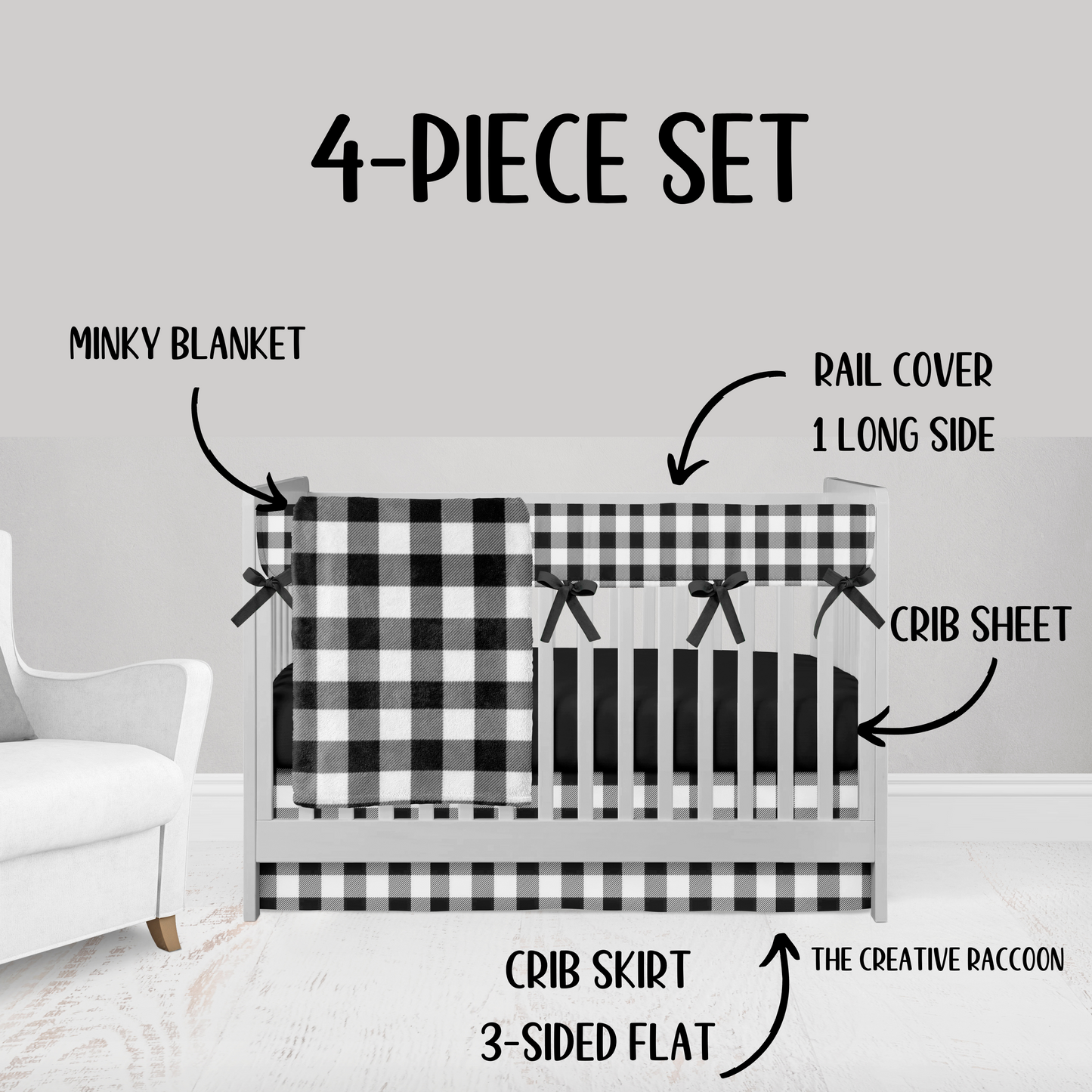 4-piece set - black gingham cotton or minky blanket, rail cover 1 long side with black ties, black crib sheet & 3-sided flat crib skirt. all gingham check will be the same size.