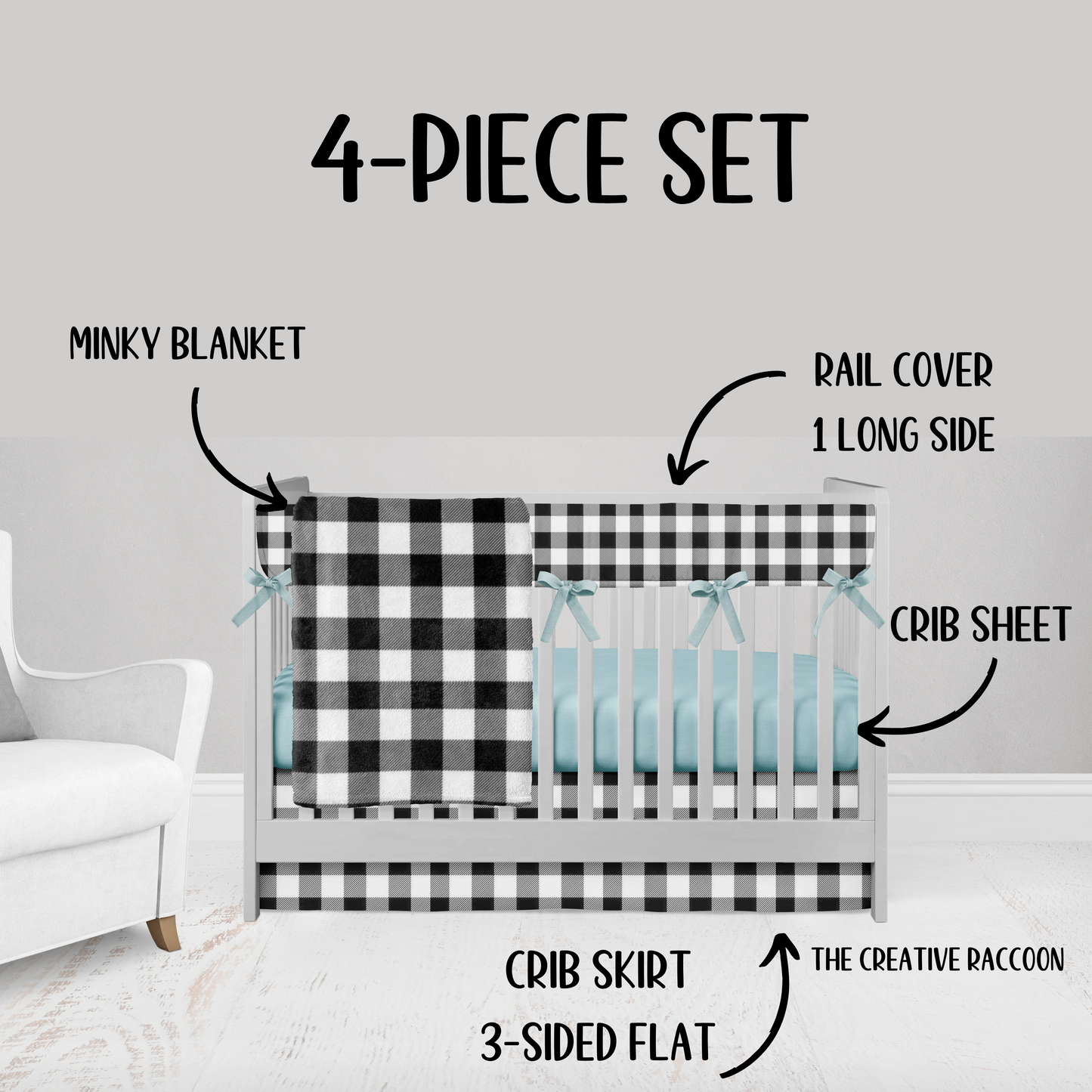 4-piece set- black gingham blanket, rail cover & crib skirt with aqua sheet and aqua ties on the rail cover. all the gingham check will be the same size squares.