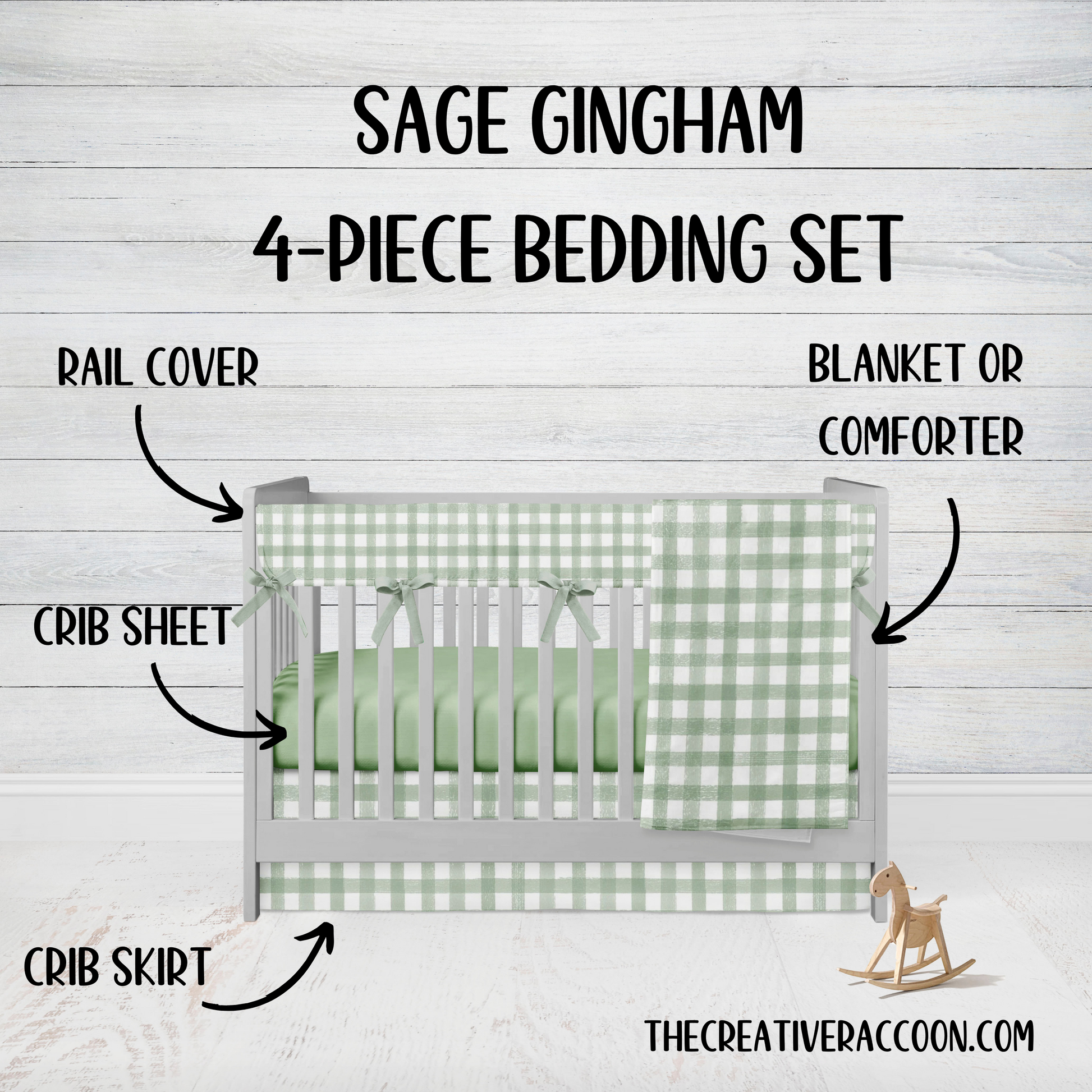 sage gingham check crib bedding set, shown in the 4-piece set with rail cover, sheet, crib skirt & blanket or comforter