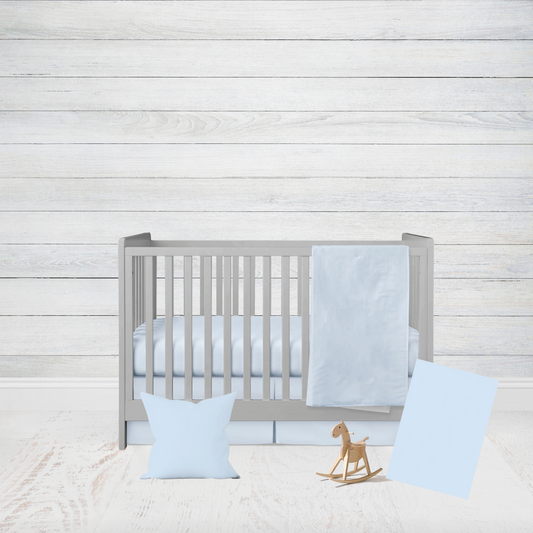 5-piece set - light blue blanket, crib sheet, crib skirt, changing pad cover, & throw pillow