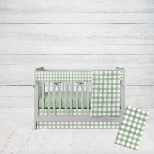 sage gingham check crib bedding set, shown in the 5-piece set with rail cover, sheet, crib skirt, changing pad cover & blanket or comforter