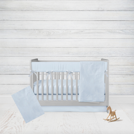 5-piece set - light blue blanket, crib sheet, crib skirt, changing pad cover