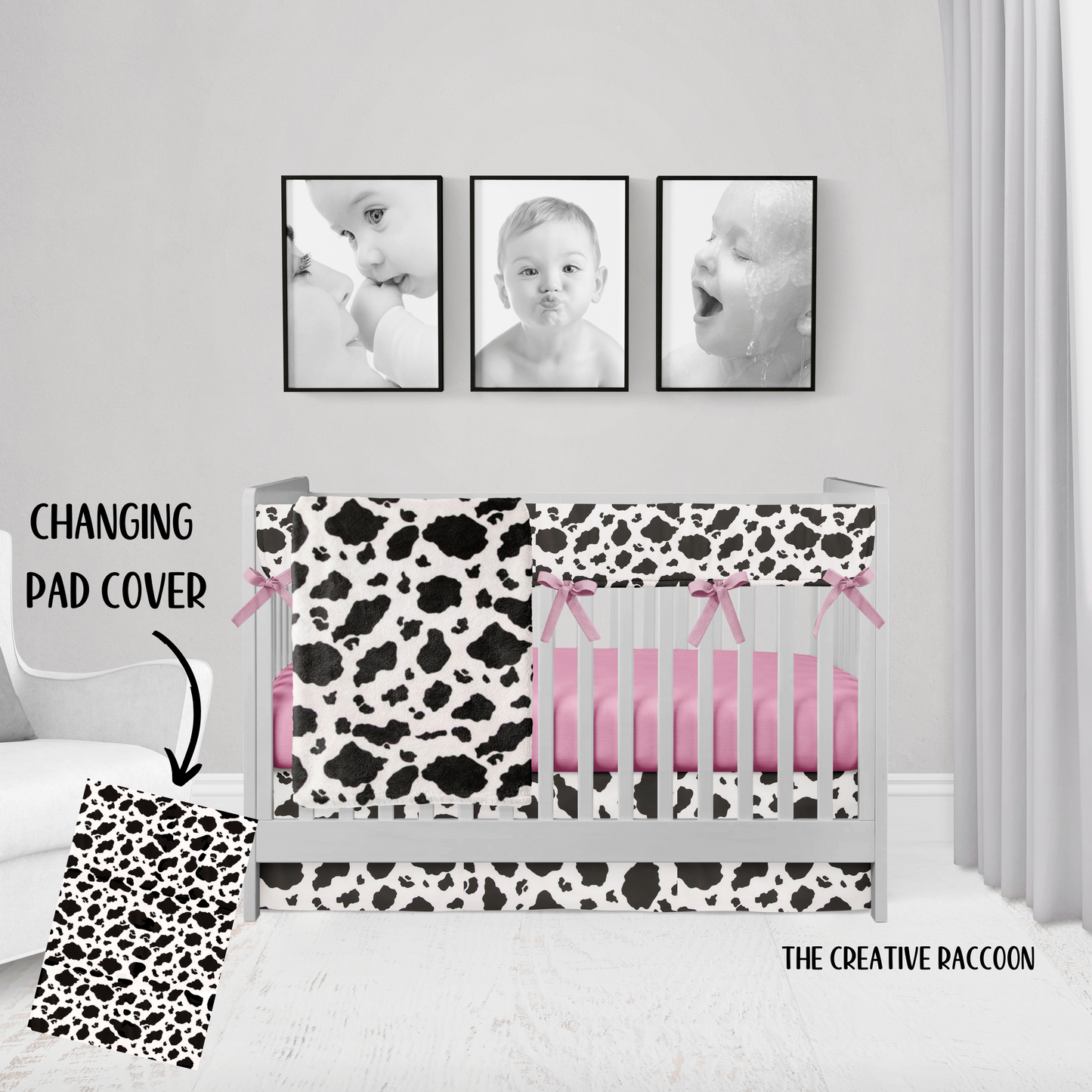 5-piece set - cow print cotton or minky blanket, rail cover with pink ties, crib skirt, changing pad cover, pick your crib sheet - cow print or pink sheet