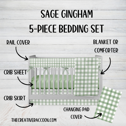 sage gingham check crib bedding set, shown in the 5-piece set with rail cover, sheet, crib skirt, changing pad cover & blanket or comforter