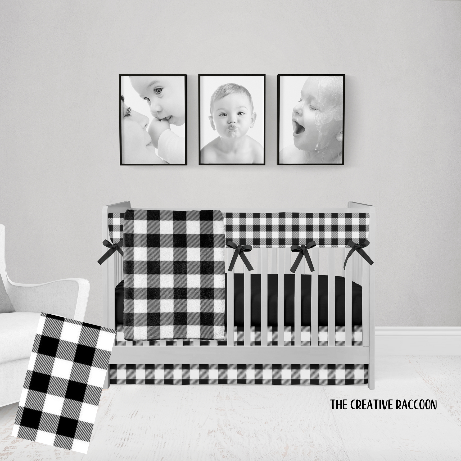 5-piece set - black gingham cotton or minky blanket, rail cover - 1 long side, crib skirt, changing pad cover & black crib sheet