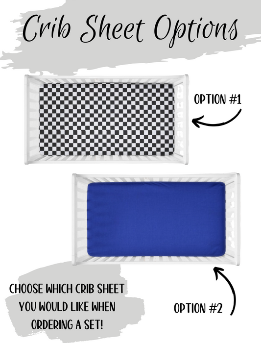 choose between the checkered crib sheet or blue crib sheet for the set