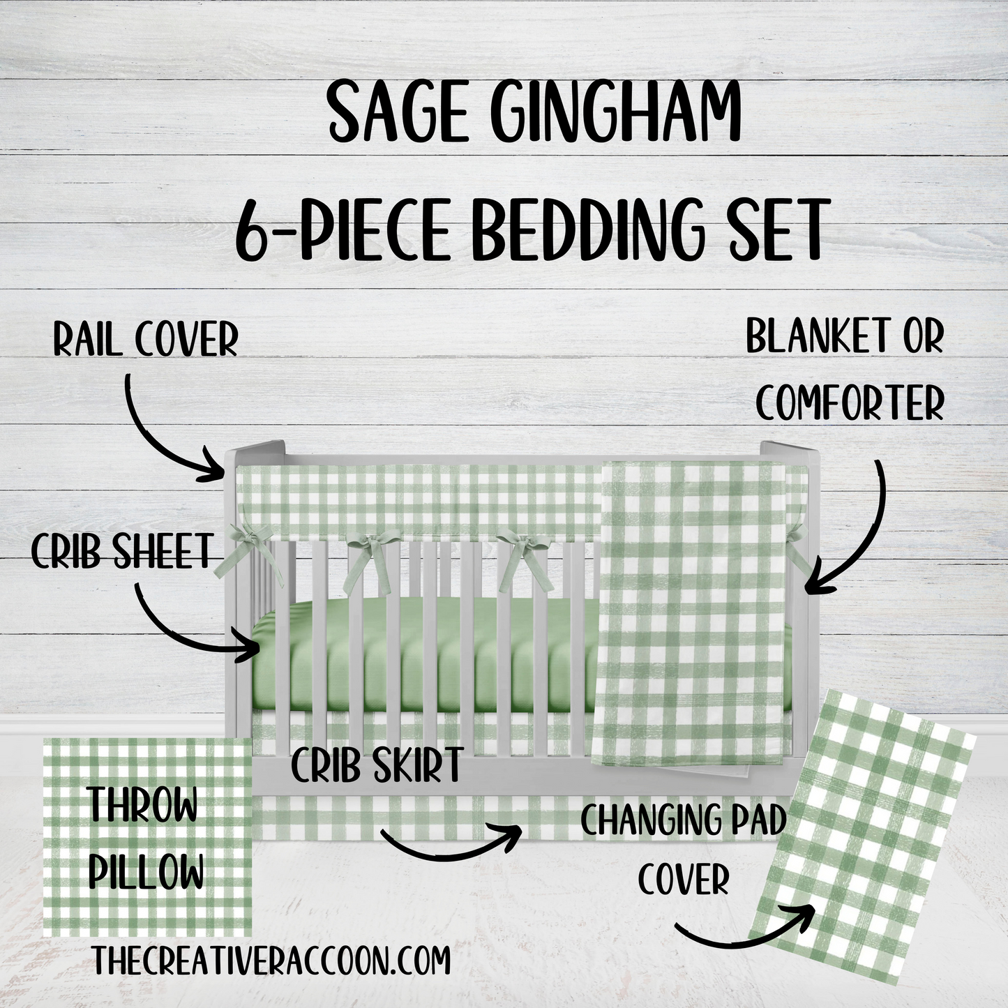sage gingham check crib bedding set, shown in the 6-piece set with rail cover, sheet, crib skirt, changing pad cover, throw pillow & blanket or comforter