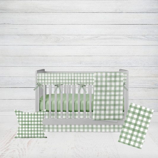 sage gingham check crib bedding set, shown in the 6-piece set with rail cover, sheet, crib skirt, changing pad cover, throw pillow & blanket or comforter