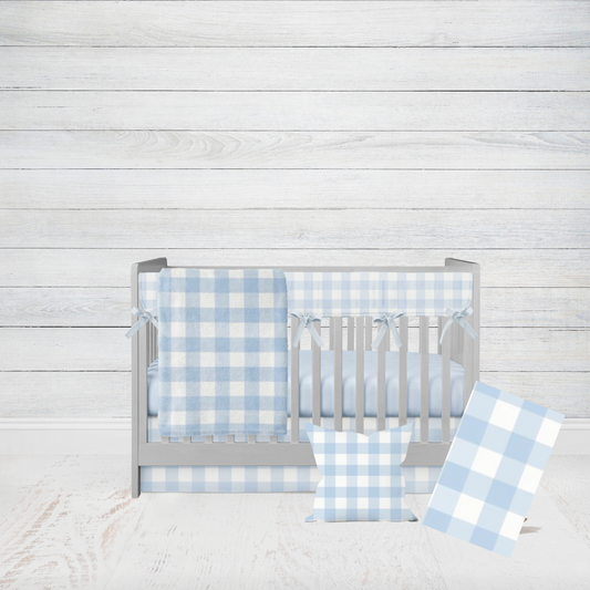 light blue gingham check crib bedding set, shown in the 6-piece set with rail cover, sheet, crib skirt, changing pad cover, throw pillow & blanket or comforter