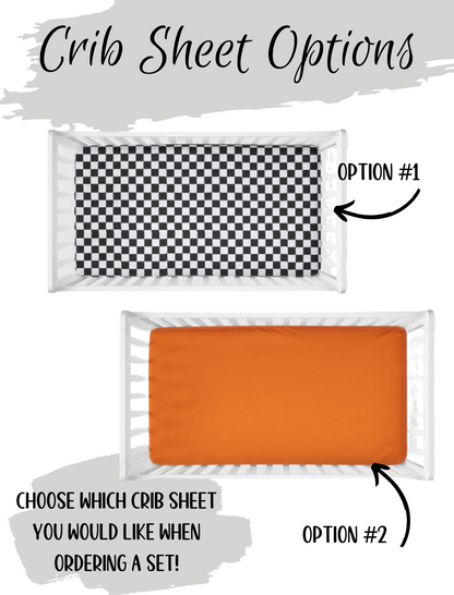 choose between checkered crib sheet or orange crib sheet