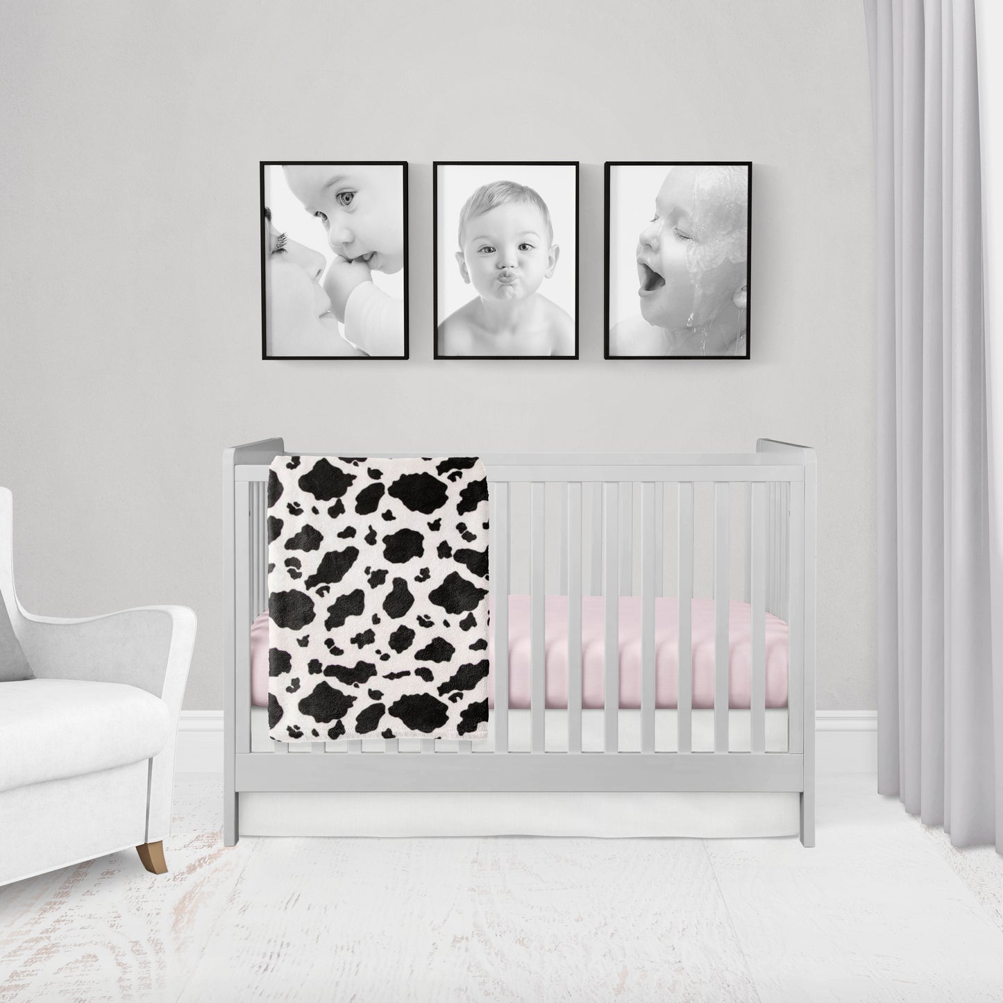 cow cotton or minky blanket & light pink crib sheet