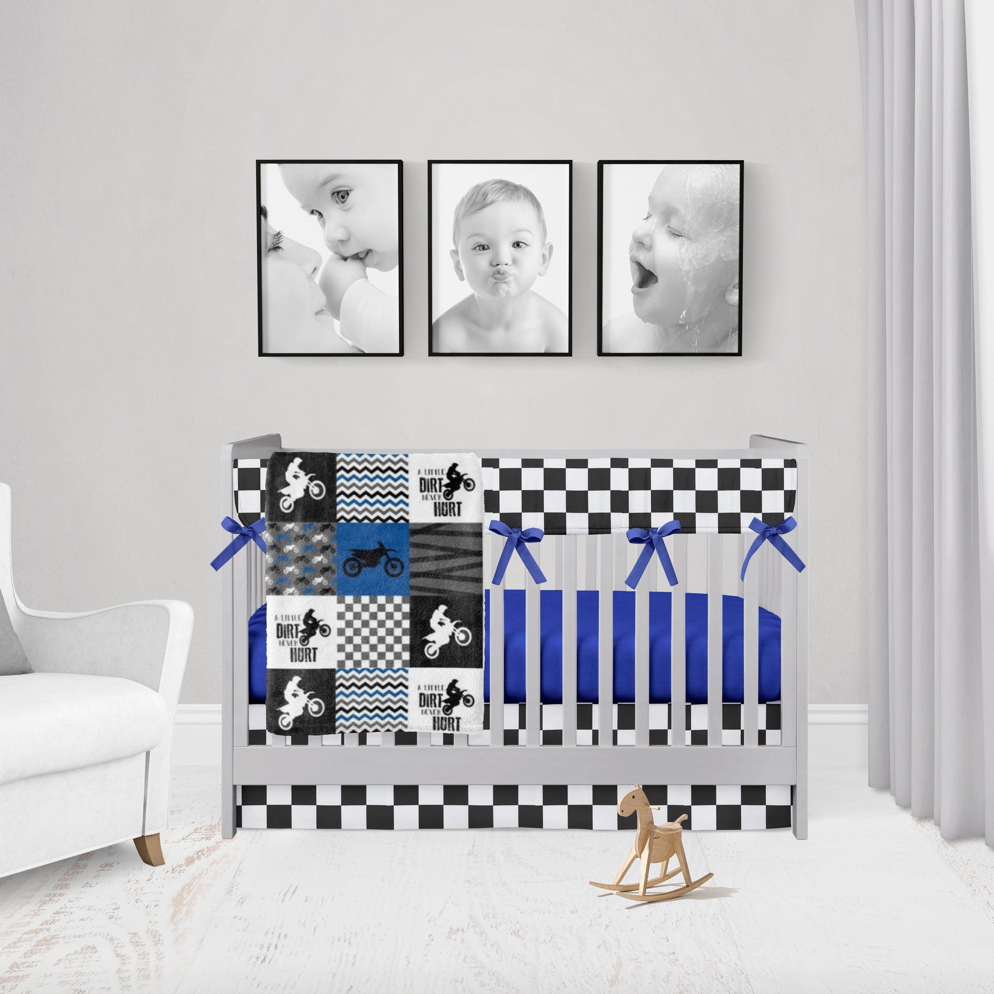 blue motocross crib bedding set, minky blanket, racing rail cover with blue ties, racing crib skirt & blue crib sheet