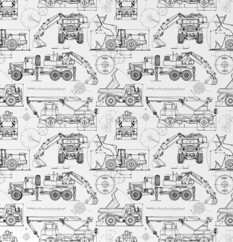 Crib with a white and black pattern featuring construction vehicles on a white background. Blueprint Construction Trucks Crib Sheet - The Creative Raccoon
