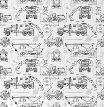 Crib with a white and black pattern featuring construction vehicles on a white background. Blueprint Construction Trucks Crib Sheet - The Creative Raccoon