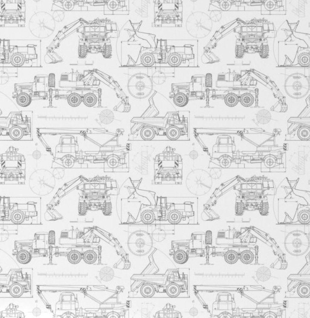 Crib with a white and gray pattern featuring construction vehicles on a white background. Blueprint Construction Trucks Crib Sheet - The Creative Raccoon