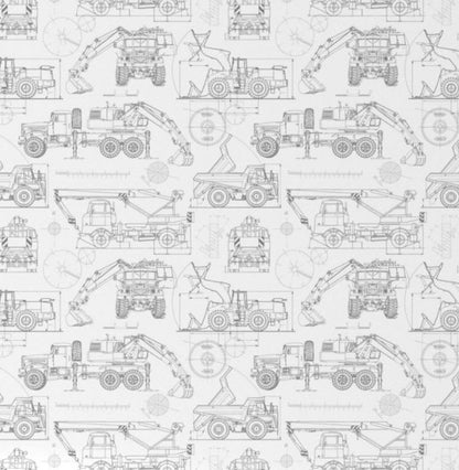 Crib with a white and gray pattern featuring construction vehicles on a white background. Blueprint Construction Trucks Crib Sheet - The Creative Raccoon
