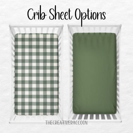 Two crib sheets, one checkered and one solid green, on a white background 
Crib Sheet: Forest Green Gingham - The Creative Raccoon