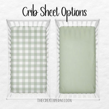 Two crib sheets, one sage gingham plaid and one solid sage. Crib Sheet: Light Sage Gingham - The Creative Raccoon 