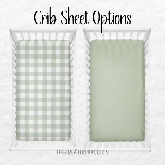 Two crib sheets, one sage gingham plaid and one solid sage. Crib Sheet: Light Sage Gingham - The Creative Raccoon 