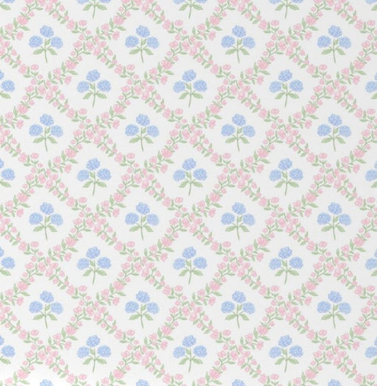 Pattern of pink and blue flowers on a white background. Floral Hydrangea Blue & Pink Crib Sheet - The Creative Raccoon